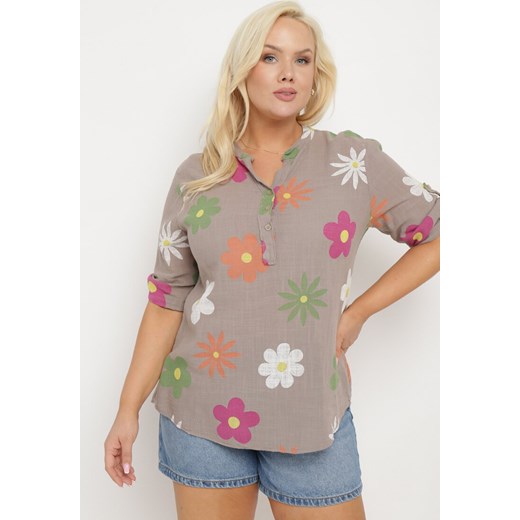 Ciemnobeżowa Koszula z Lnu i Bawełny w Kwiaty z Krótkim Rękawem Ambubia ze sklepu Born2be Odzież w kategorii Koszule damskie - zdjęcie 172301872