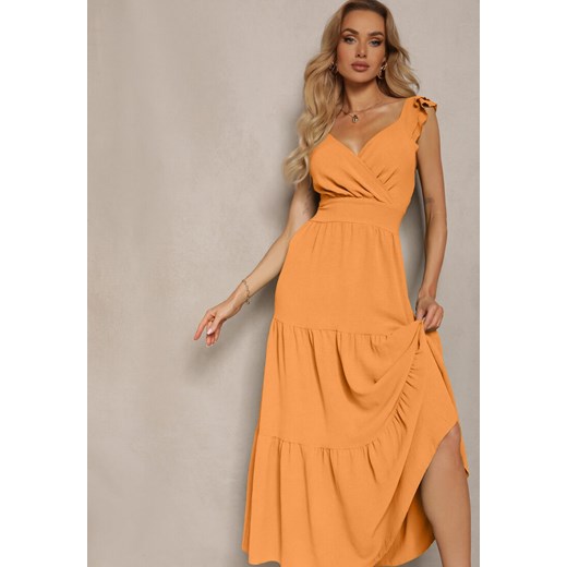 Pomarańczowa Sukienka z Kopertowym Dekoltem na Ramiączkach z Gumką w Pasie i Falbankami Ebiviana ze sklepu Renee odzież w kategorii Sukienki - zdjęcie 172307972