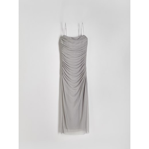 Reserved - Tiulowa sukienka z marszczeniami - jasnoszary ze sklepu Reserved w kategorii Sukienki - zdjęcie 172310782