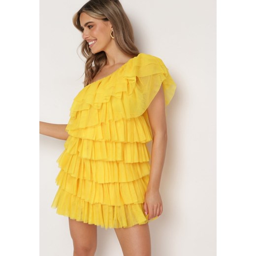 Żółta Sukienka Mini na Jedno Ramię Asymetryczna z Falbankami Nomenta ze sklepu Born2be Odzież w kategorii Sukienki - zdjęcie 172313020