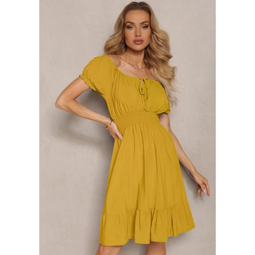 Żółta Sukienka z Wiskozy z Gumkami w Talii i Dekoltem ze Ściągaczem Tiimazela ze sklepu Renee odzież w kategorii Sukienki - zdjęcie 172318220