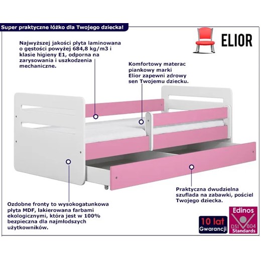Łóżko dla dziewczynki z materacem Candy 2X 80x180 - różowe Elior One Size Edinos.pl