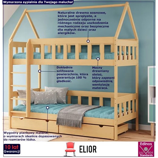 Drewniane łóżko piętrowe domek do pokoju dziecięcego, sosna - Gigi 4X 190x80 cm Elior One Size Edinos.pl