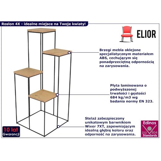 4-poziomowy kwietnik w stylu loft czarny + dąb lancelot - Roslon 4X Elior One Size Edinos.pl