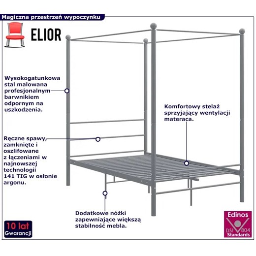 Szare metalowe łóżko z baldachimem 140x200 cm - Wertes Elior One Size Edinos.pl