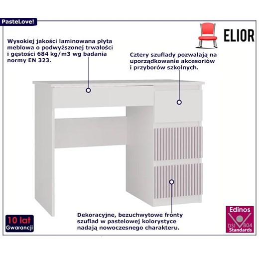 Prawostronne biurko dla dziewczynki, młodzieżowe biały + różowy - Arsa 3X Elior One Size Edinos.pl