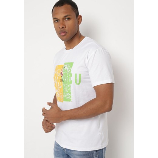 Biała Bawełniana Koszulka T-Shirt z Krótkim Rękawem i Ozdobnym Nadrukiem Branessa ze sklepu Born2be Odzież w kategorii T-shirty męskie - zdjęcie 172326304