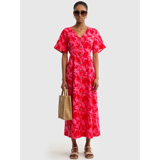 Lniana sukienka damska midi z motywem kwiatowym z guzikami różowa  Victorine 601 XS Big Star