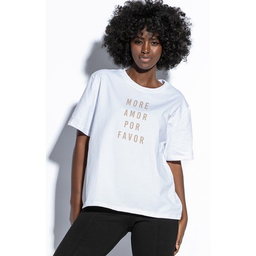 T-shirt damski z krótkim rękawem i beżowym napisem F1829, Kolor biało-beżowy, Rozmiar L/XL, Fobya ze sklepu Primodo w kategorii Bluzki damskie - zdjęcie 172332173