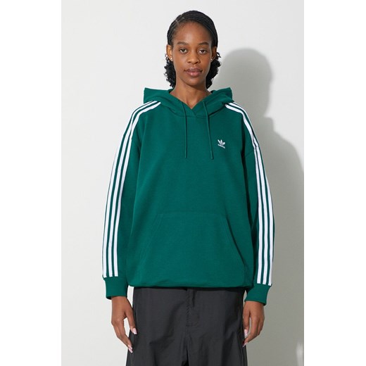 adidas Originals bluza 3-Stripes Hoodie OS damska kolor zielony z kapturem z aplikacją IN8400 ze sklepu PRM w kategorii Bluzy damskie - zdjęcie 172333083
