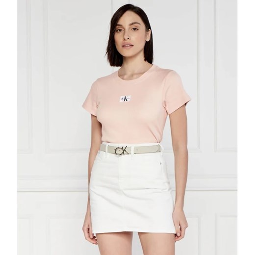 Bluzka damska Calvin Klein różowa z krótkimi rękawami z okrągłym dekoltem z elastanu z napisami 