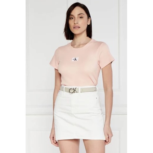 Calvin Klein bluzka damska z napisami z okrągłym dekoltem casual różowa z elastanu 