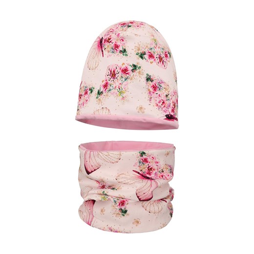 Dziewczęcy bawełniany komplet w kwiatowy wzór czapka + komin biały ze sklepu 5.10.15 w kategorii Czapki dziecięce - zdjęcie 172338564