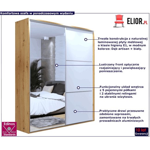 Szafa z lustrem dąb artisan + biały + szprosy - Savona 3X Elior One Size wyprzedaż Edinos.pl