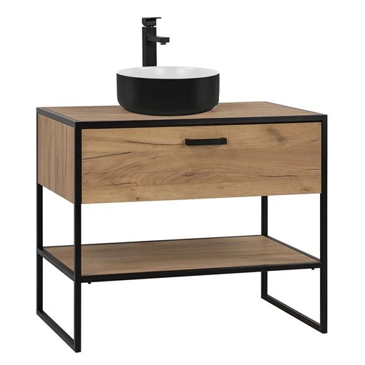 Szafka łazienkowa z umywalką dąb craft - Favero 5S 90 cm ze sklepu Edinos.pl w kategorii Szafki i regały łazienkowe - zdjęcie 172348101