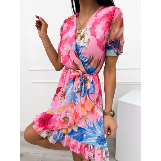 Różowa Sukienka z Motywem Kwiatowym ze sklepu ModnaKiecka.pl w kategorii Sukienki - zdjęcie 172354622