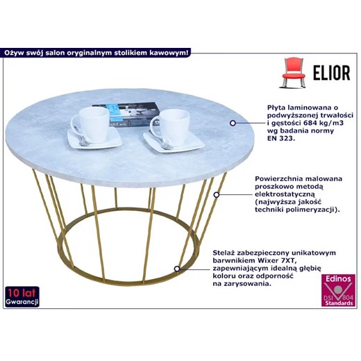 Okrągły stolik kawowy ze złotym stelażem beton - Savik 3X Elior One Size okazyjna cena Edinos.pl