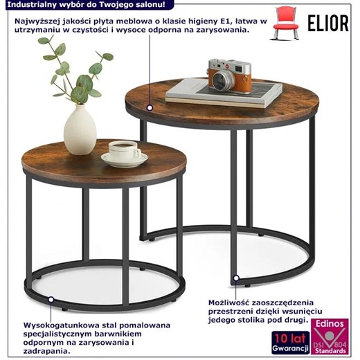 Zestaw 2 okrągłych stolików kawowych 2w1 rustykalny brąz - Gianis 3X Elior One Size Edinos.pl