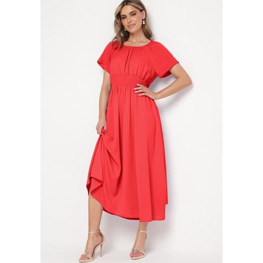 Czerwona Sukienka z Krótkim Rękawem i Gumką w Pasie Oilleria ze sklepu Born2be Odzież w kategorii Sukienki - zdjęcie 172364760