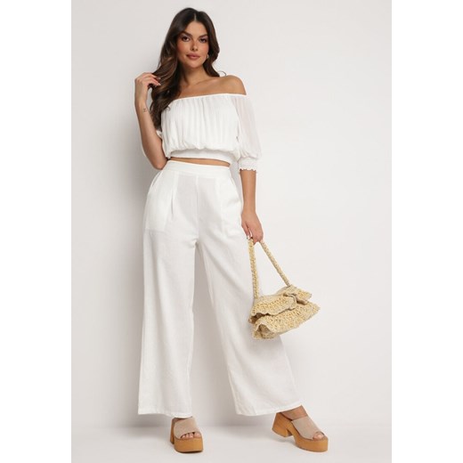 Białe Szerokie Spodnie z Gumką w Talii z Lnem Araniells ze sklepu Born2be Odzież w kategorii Spodnie damskie - zdjęcie 172366140