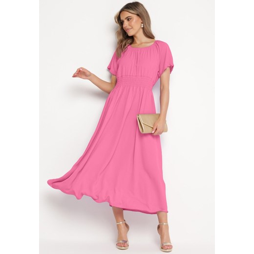 Różowa Sukienka z Krótkim Rękawem i Gumką w Pasie Oilleria ze sklepu Born2be Odzież w kategorii Sukienki - zdjęcie 172366254
