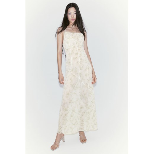 H & M sukienka na ramiączkach z okrągłym dekoltem na lato biała maxi w abstrakcyjnym wzorze 