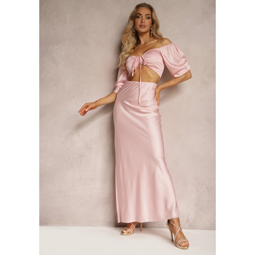 Różowy Komplet Spódnica Wykończona Gumką w Pasie Top z Ozdobnym Sznurowaniem Dimetria ze sklepu Renee odzież w kategorii Spódnice - zdjęcie 172380851