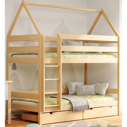 Łóżko piętrowe domek z szufladami i materacami, sosna - Zuzu 4X 190x80 cm ze sklepu Edinos.pl w kategorii Łóżka dziecięce - zdjęcie 172381450