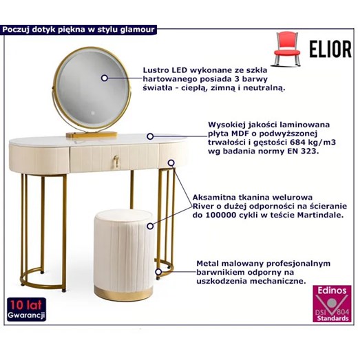 Kremowa toaletka glamour z lustrem i pufą - Adorva 3X Elior One Size Edinos.pl