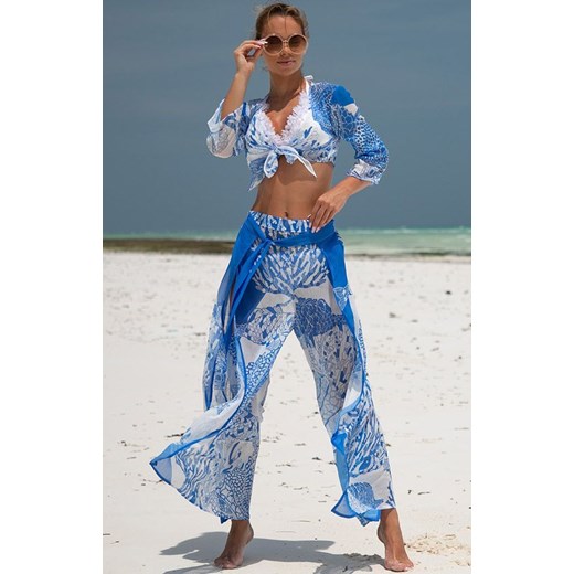 Komplet plażowy z szerokimi spodniami i wiązanym topem 287/02, Kolor niebieski-wzór, Rozmiar XL/2XL, Primo ze sklepu Primodo w kategorii Komplety i garnitury damskie - zdjęcie 172398562