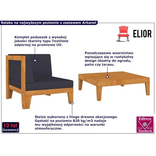 Sofa i stolik ogrodowy z drewna akacjowego z szarymi poduszkami - Arkano 3X Elior One Size Edinos.pl
