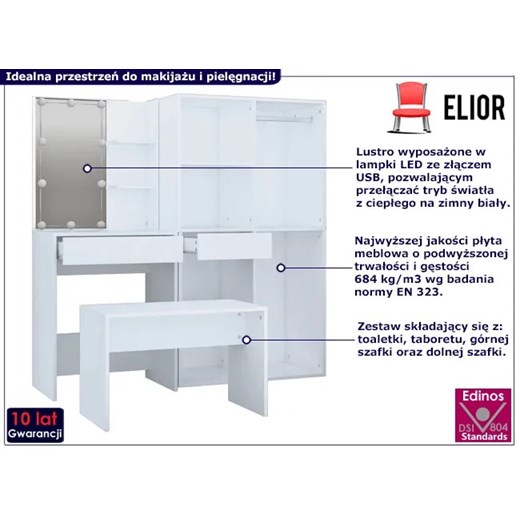 Biała nowoczesna toaletka z LED i taboretem - Vojtori Elior One Size wyprzedaż Edinos.pl