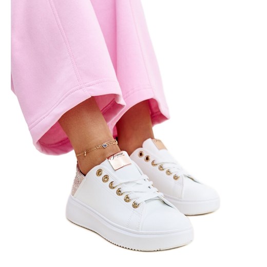 Biało-różowe sneakersy z cyrkoniami Antonietta białe ze sklepu ButyModne.pl w kategorii Trampki damskie - zdjęcie 172407900