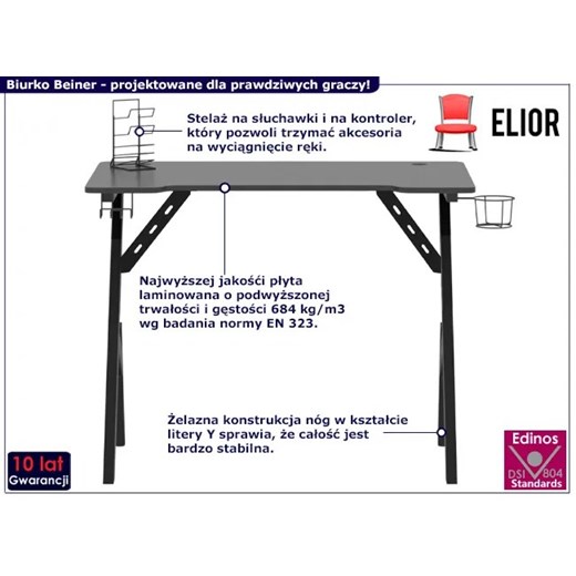 Czarne biurko gamingowe z metalowym stelażem - Beiner Elior One Size Edinos.pl