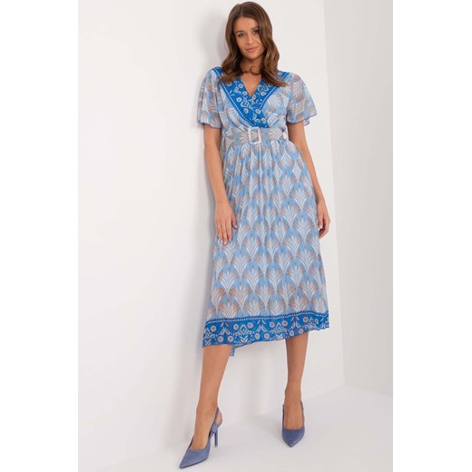Wzorzysta sukienka z paskiem niebieska ze sklepu 5.10.15 w kategorii Sukienki - zdjęcie 172420140