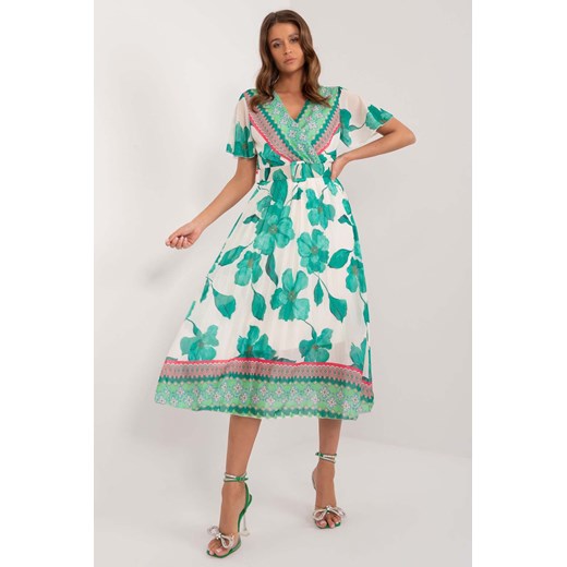 Wzorzysta sukienka z paskiem zielona ze sklepu 5.10.15 w kategorii Sukienki - zdjęcie 172420243