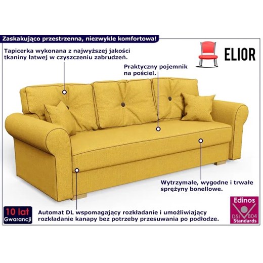 Żółta rozkładana kanapa z pojemnikiem na pościel - Blosse 3X Elior One Size Edinos.pl