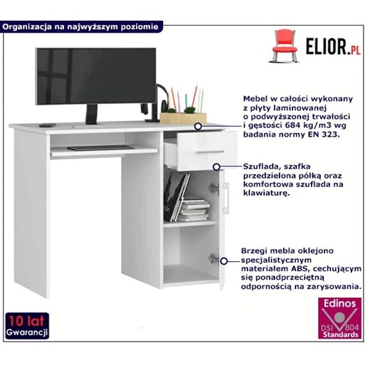Białe biurko komputerowe z szuflada na klawiaturę połysk - Esman 3X Elior One Size Edinos.pl
