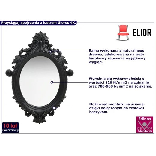 Czarne lustro ze zdobiona ramą w stylu boho - Gloros 4X Elior One Size Edinos.pl