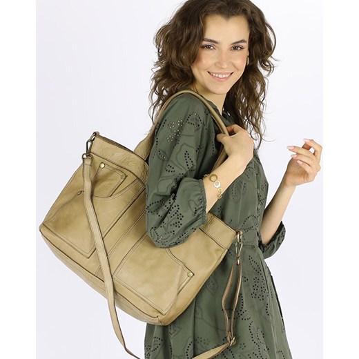 Jeansowa torebka do ręki kuferek skórzany - MARCO MAZZINI beż taupe ze sklepu Verostilo w kategorii Torby Shopper bag - zdjęcie 172434284