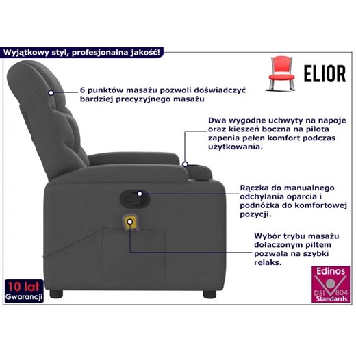 Szary fotel z regulacją oparcia i masażem - Luzof 3X Elior One Size Edinos.pl