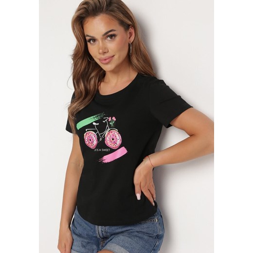 Czarny T-shirt z Bawełny Ozdobiony Nadrukiem i Kryształkami Halarae ze sklepu Born2be Odzież w kategorii Bluzki damskie - zdjęcie 172530811