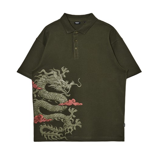 Cropp - Zielone polo z printem smoka - zielony Cropp S Cropp