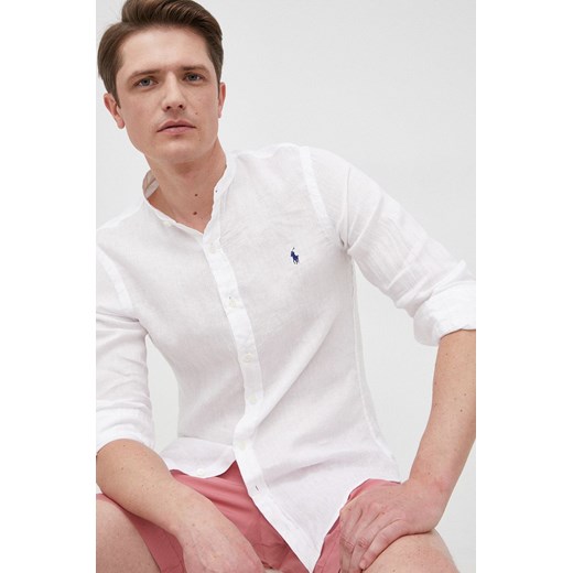 Polo Ralph Lauren koszula lniana 710801500001 męska kolor biały slim ze stójką ze sklepu ANSWEAR.com w kategorii Koszule męskie - zdjęcie 172534060