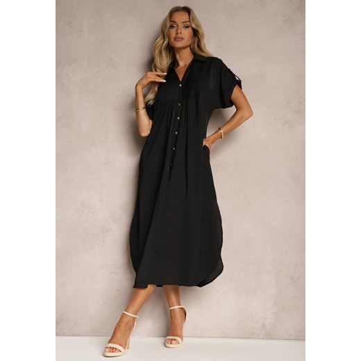 Czarna Koszulowa Sukienka z Podwijanymi Rękawami Zapinana na Guziki Moarielle ze sklepu Renee odzież w kategorii Sukienki - zdjęcie 172535151