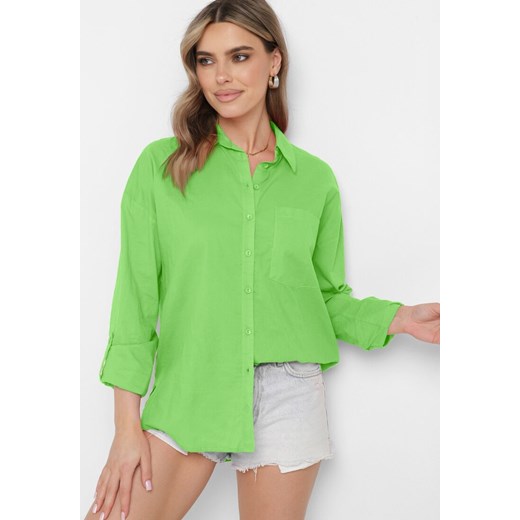 Zielona Koszula z Bawełny Zapinana na Guziki z Długim Rękawem Efiora ze sklepu Born2be Odzież w kategorii Koszule damskie - zdjęcie 172542491
