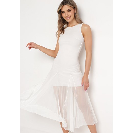 Biała Sukienka Bez Rękawów z Tiulowym Dołem Tekolia ze sklepu Born2be Odzież w kategorii Sukienki - zdjęcie 172542554
