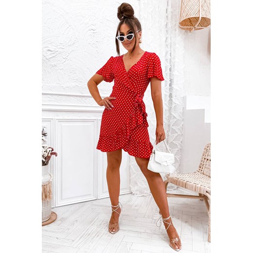SUKIENKA KOPERTOWA W KROPKI Z PASKIEM- CZERWONA Olika XL/XXL olika.com.pl