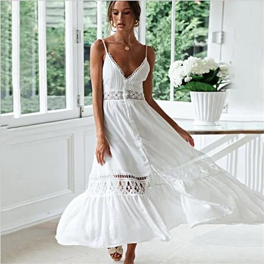 Ażurowa sukienka plażowa na ramiączkach - Biały / S ze sklepu Valetta.pl w kategorii Odzież plażowa - zdjęcie 172546894