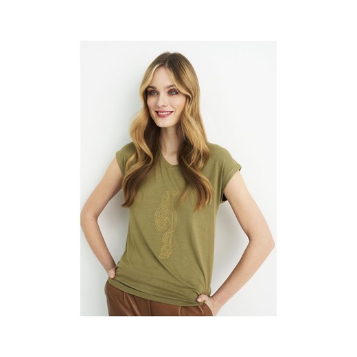 Oliwkowy T-shirt damski z aplikacją Ochnik One Size promocyjna cena OCHNIK